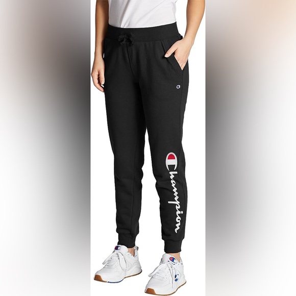 NWT Women’s Size Small Champion Drawstring Fleece Joggers With Logo Print Black - Picture 1 of 13
